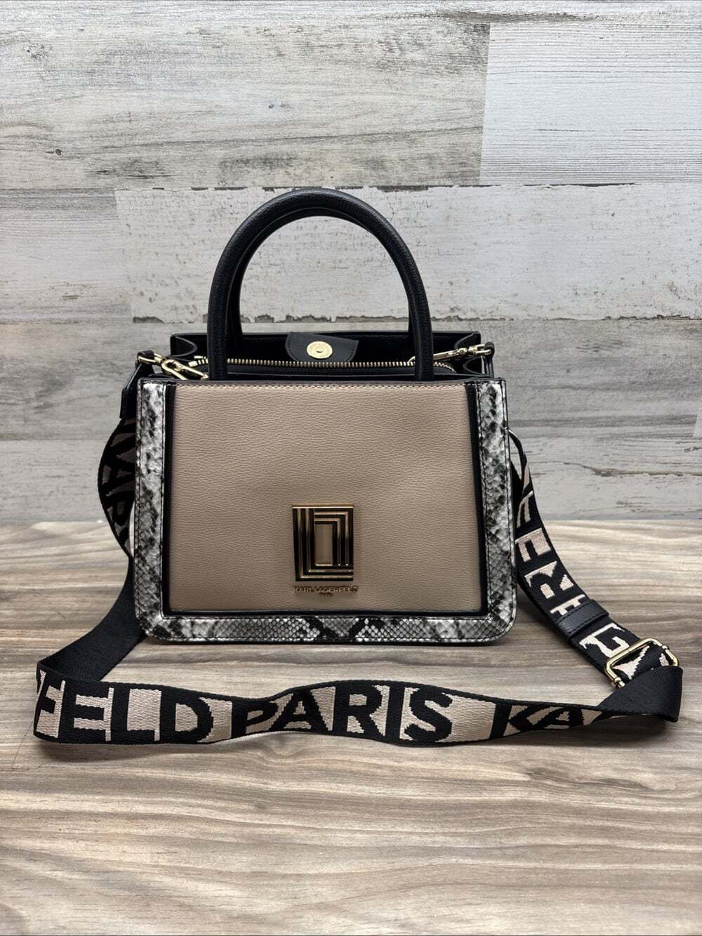 KARL LAGERFELD Paris Small Satchel Snake Print Gold Tone Rare 